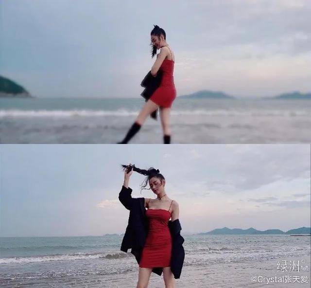 曲线|张天爱海边红吊带裙秀香肩曲线玲珑！雪肤娇嫩魔鬼身材