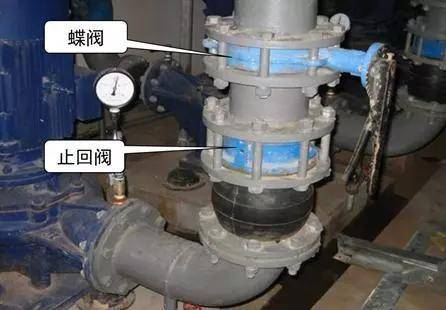 在水泵的出口安装止回阀,在水泵组件前后安装蝶阀方便维修.