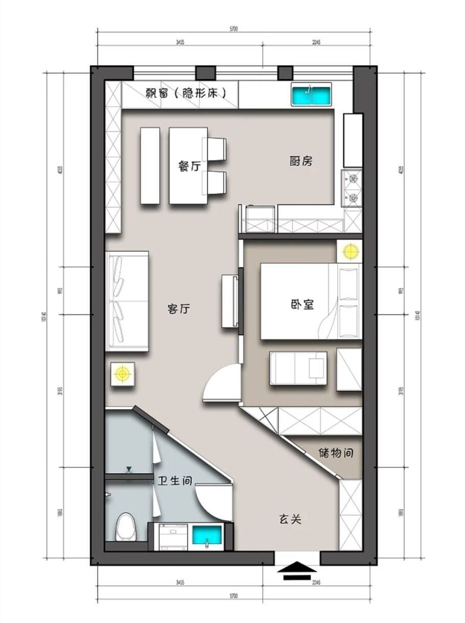 筒子户型这样装太赞玄关打造45斜角走廊多功能餐厅巧变客房