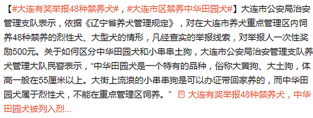 大连有奖举报禁养犬,中华田园犬被列入烈性犬种类?你怎么看