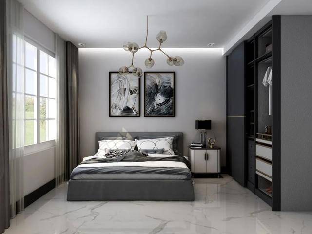 房间 bedroom 用砖:gjt84615雪花白卧室整体赋予灰色,宁静优雅.