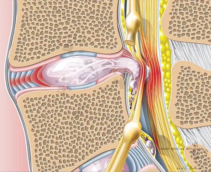 "腰椎间盘突出症"的病理模式图