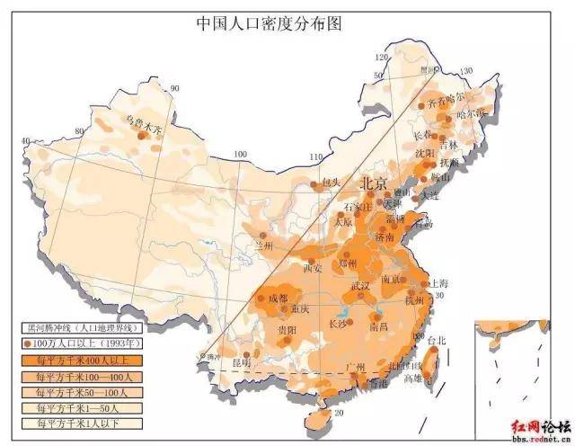 腾冲-瑷珲中国人口地理分界线从黑龙江省爱辉(1983年改称黑河市,今