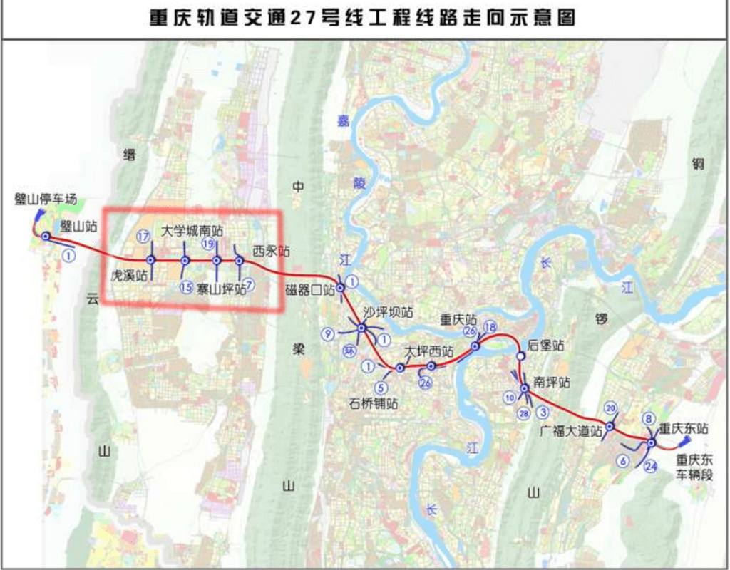 重庆市轨道交通 27 号线一共设有14个站点,从西向东横跨了整个主城.