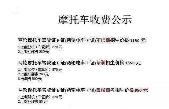 关于电摩考试收费的表单,其中写道两轮电动车f证报驾校考试需要1650元