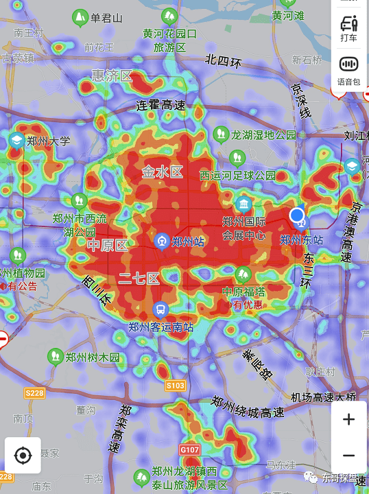 郑州的城市框架拉了出来,那百度地图当中的热力图就是"最接地气"和"最