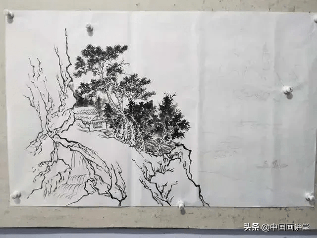 传统山水画的画法步骤解析,由黑白稿到水墨画的过程