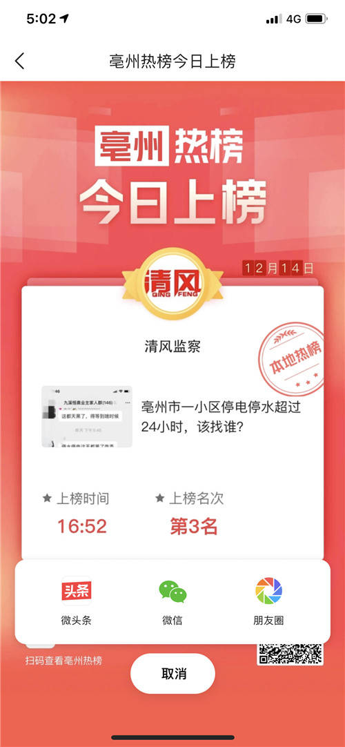 清风监察头条号荣登亳州市热榜，排名第三！