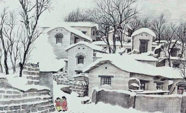 乡村美景,大雪弥漫,钢笔绘画欣赏