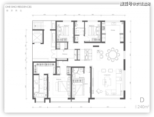 240㎡户型:4 1四面宽;在大面宽,短进深的基础上,做了很好的动静分区.