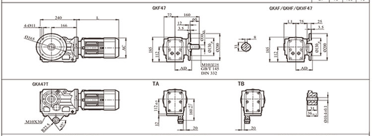 2kw,3kw电机; kf是k系列减速机下的一款减速机型号,kf表示的是b5法兰