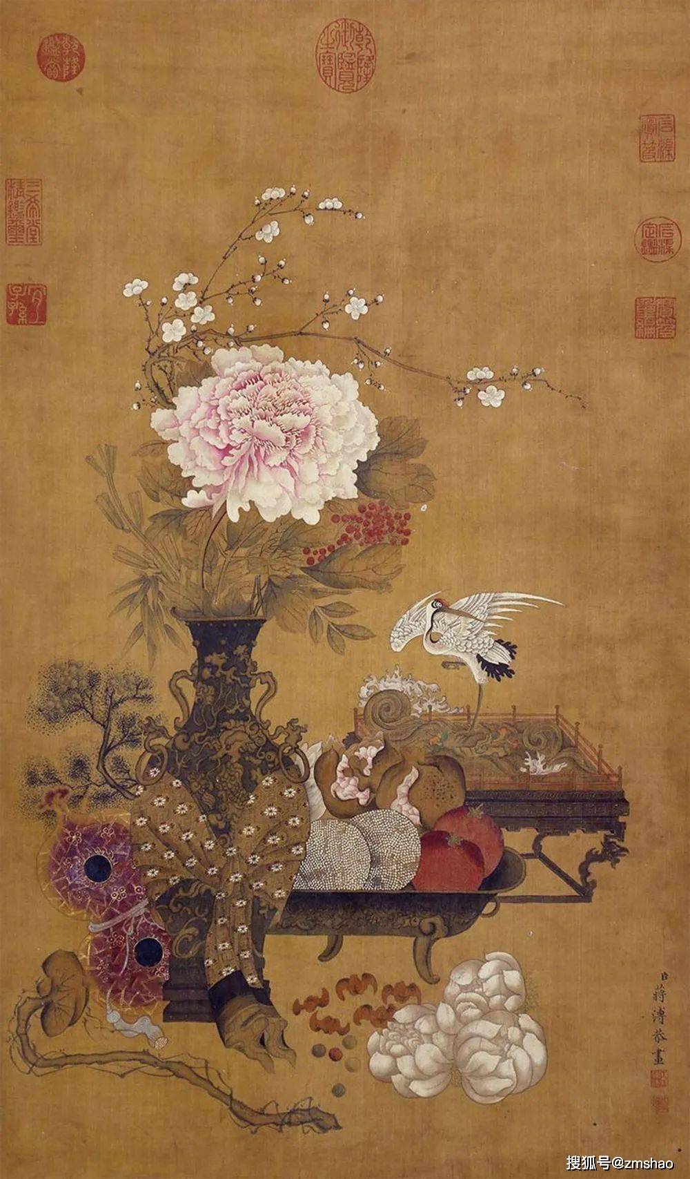 [清代]蒋溥《清供图》,绢本设色,68×47cm.私人藏品.