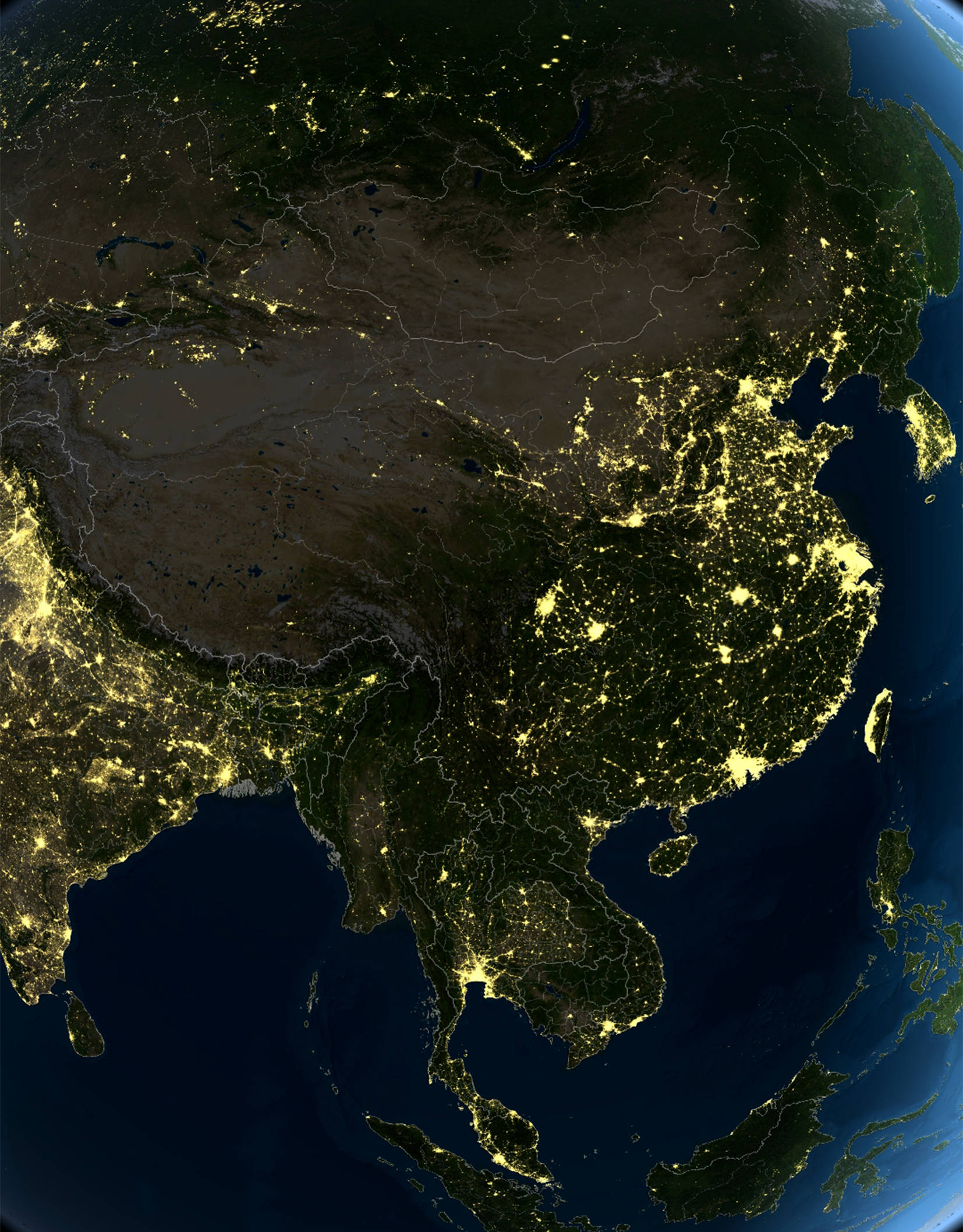 对比2018年中国城市太空夜景图与2021年中国城市太空