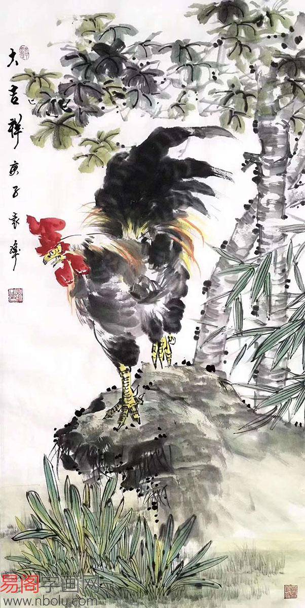 著名画家袁峰,国画公鸡大吉大利图赏析