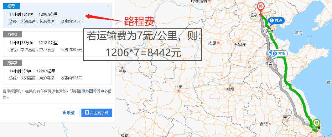 上海到北京搬家(路程费,按照行车路线路程计算)