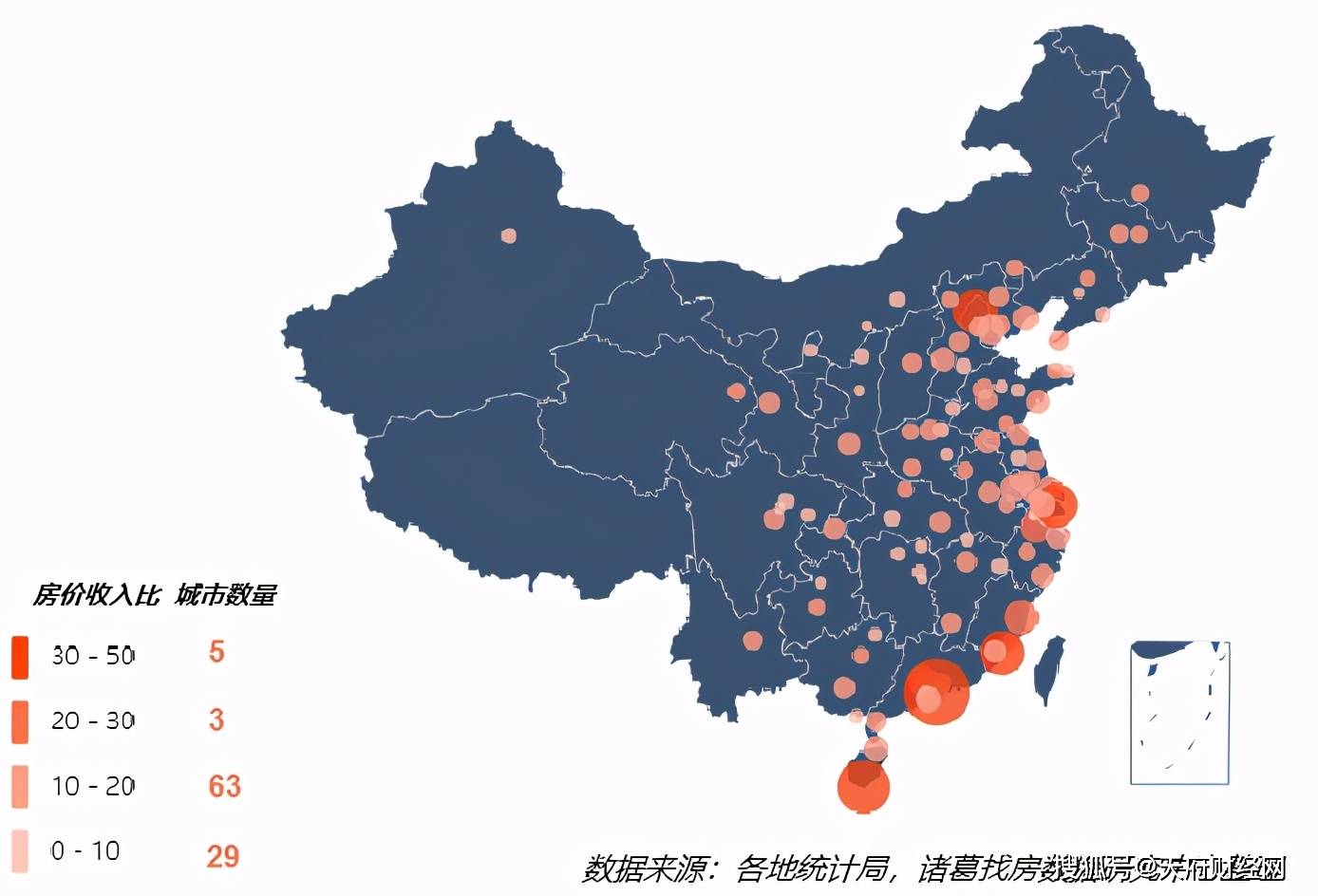 全国重点100城2020年房价收入比分布图