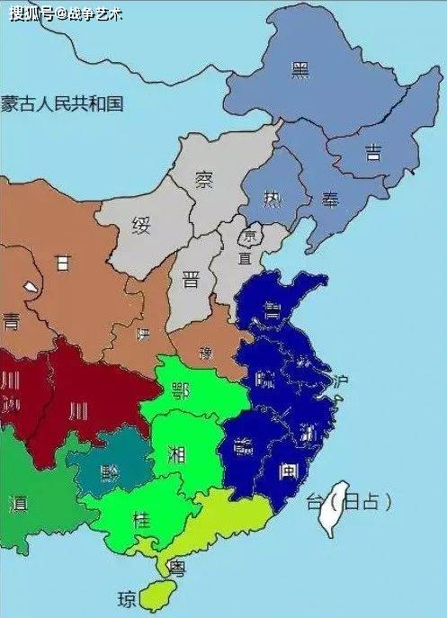 东北易帜后,军阀势力分布图:蓝色是蒋系,嫩绿是桂系,红褐是冯系,灰色