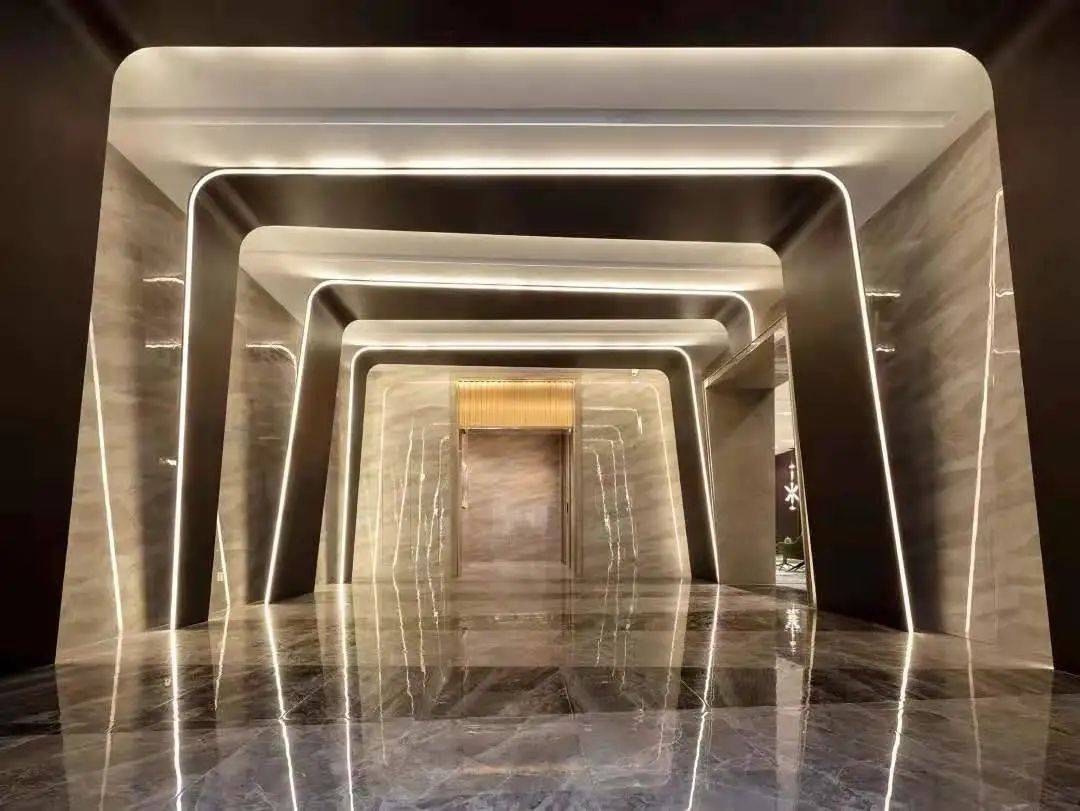 引入五星级酒店轻奢风,双入户大堂设计,灵感来自于时光隧道和太空舱.