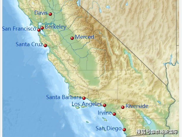 加州大学10所分校的地理位置 图片来源:维基百科