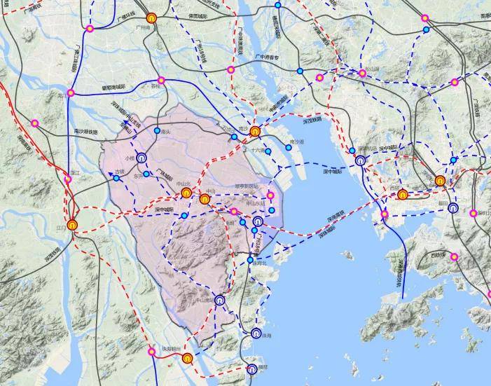 现状和规划5条城际:分别为东西向深珠城际,中南虎城际;南北向广珠