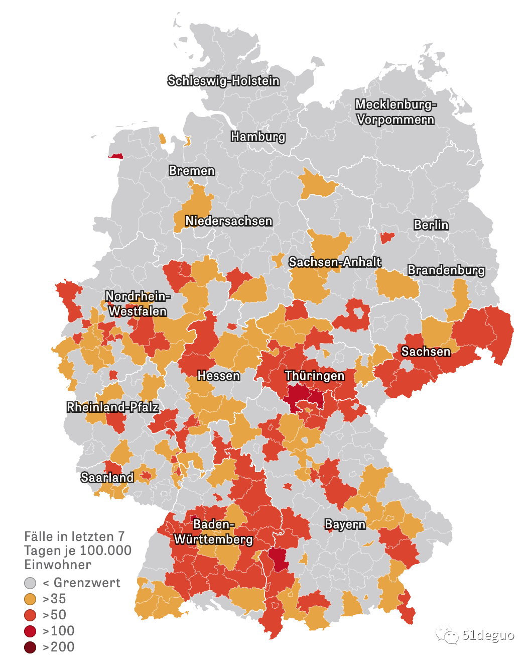 最新统计,德国所有联邦州过去7天每十万人发病率都降到50以下.