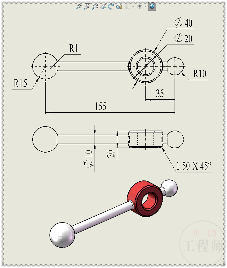 SolidWorks零件图纸,solidworks训练图纸 零件四:摆锤零件三:球头柱零件二:滚筒用solidworks焊件画【滚筒小钟