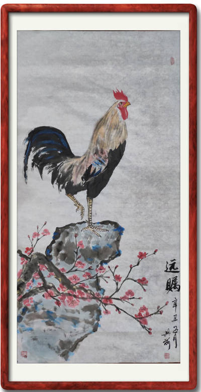 刘先生对工笔山水,人物,花鸟画均有研究,主攻大写意花鸟,尤擅画鸡.