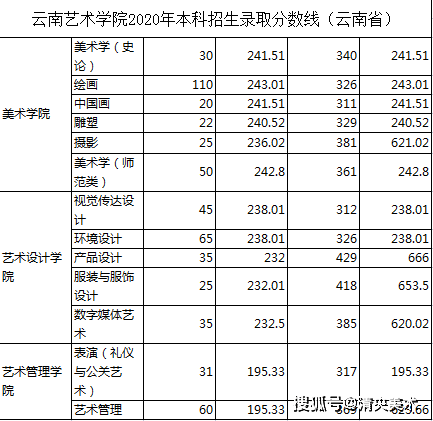 2020年云南艺术学院录取分数线戏剧影视美术设计,美术学(史论,绘画