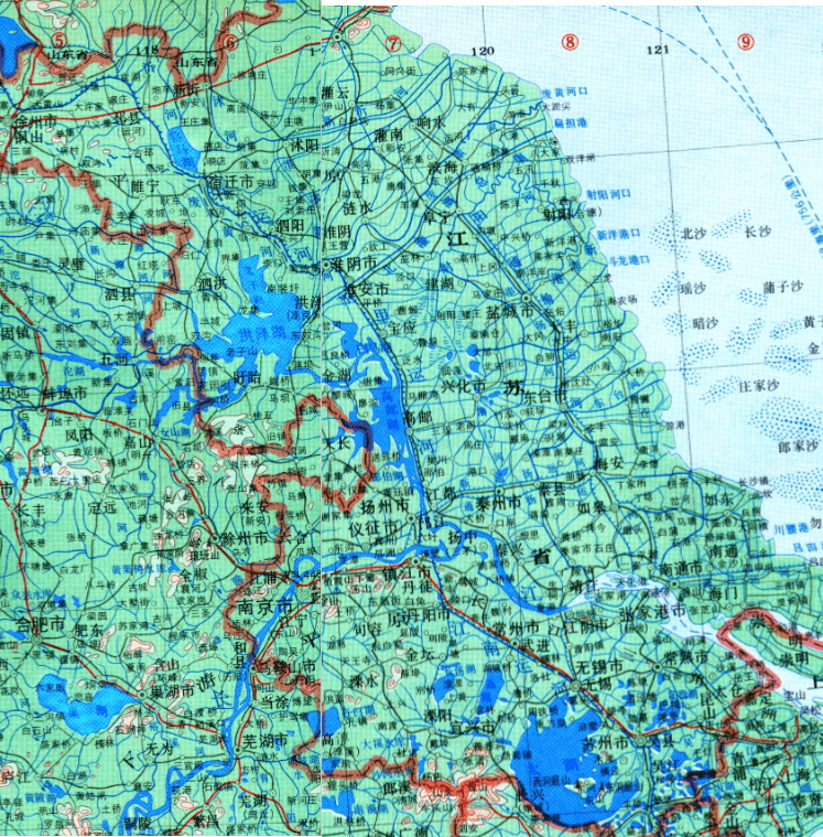 江苏省地图,可见其南侧,西侧多大湖,而北侧缺少大湖