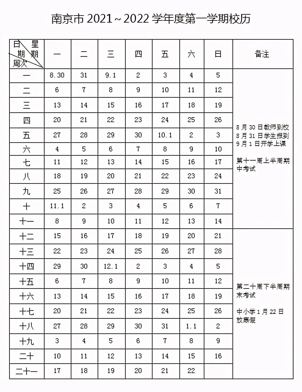 南京2021—2022学年度校历来了!