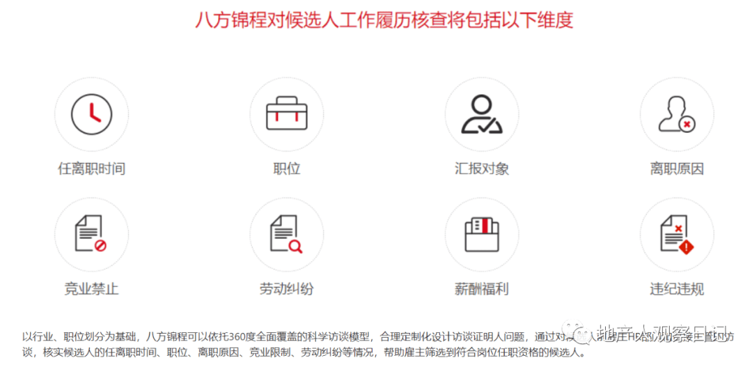 行业内知名的背调公司,八方锦程提供的背调服务中,包含工作履历核查