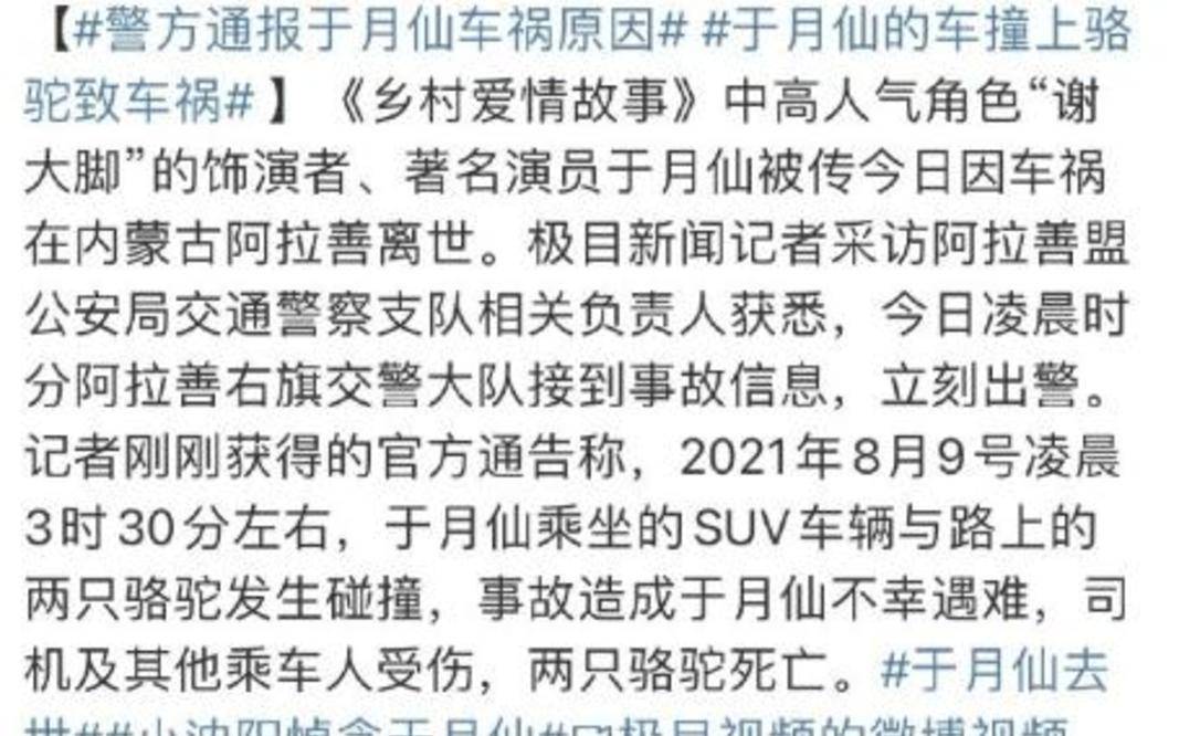 原创警方通报于月仙车祸原因!一车只有于月仙去世,两只骆驼被撞死亡