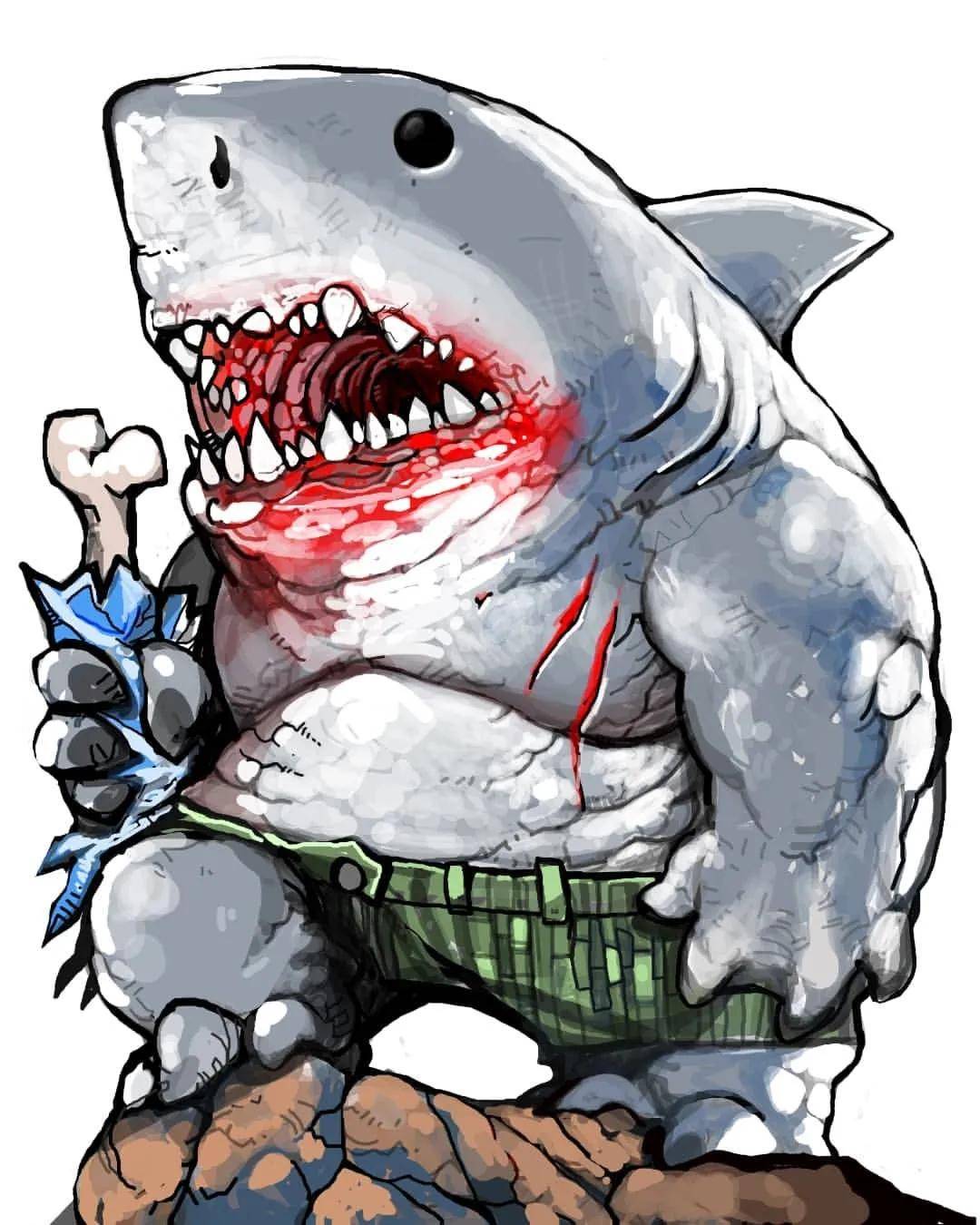 要为x特遣队加添一个吉祥物般的队员,所以将鲨鱼王塑造成人形大白鲨