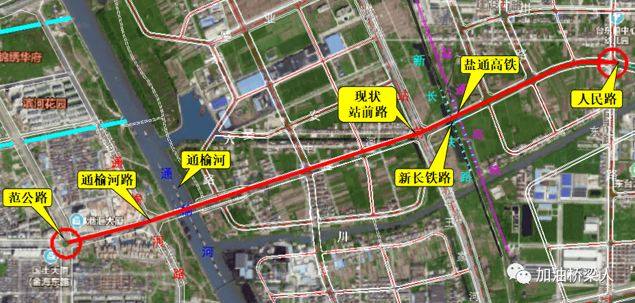 江苏省东台市金海路东延与通榆河,新长铁路,盐通高铁交叉工程起点