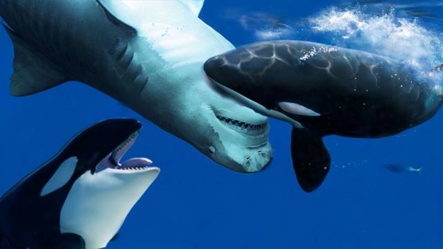 原创掏肝大白鲨,围捕蓝鲸,看到体型小的领航鲸,虎鲸为什么要逃跑?