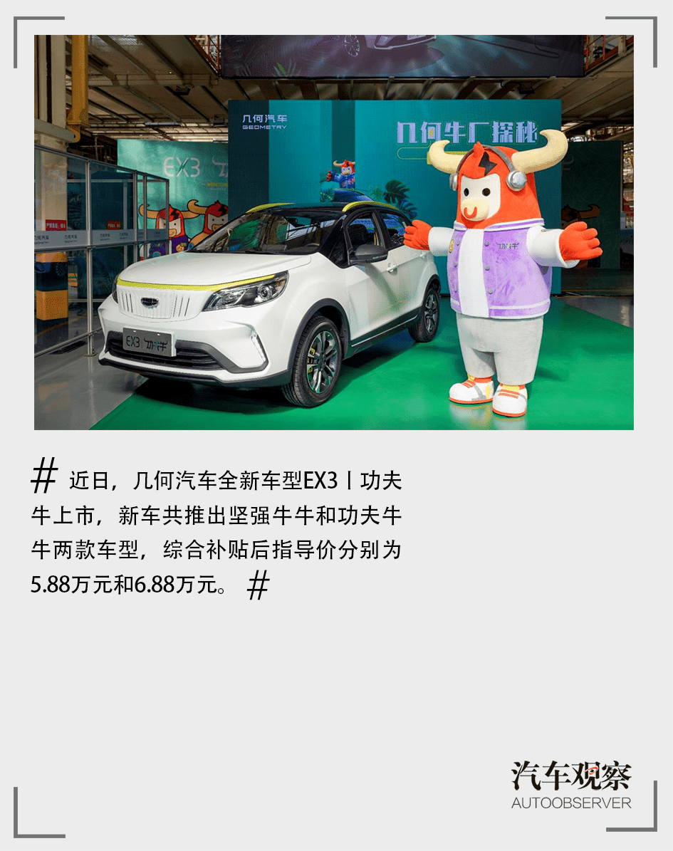 近日,几何汽车全新车型ex3丨功夫牛上市,新车共推出坚强牛牛和功夫