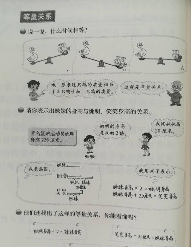 第一个和第二个例子是让学生根据内容找出等量关系,第三个是让学生