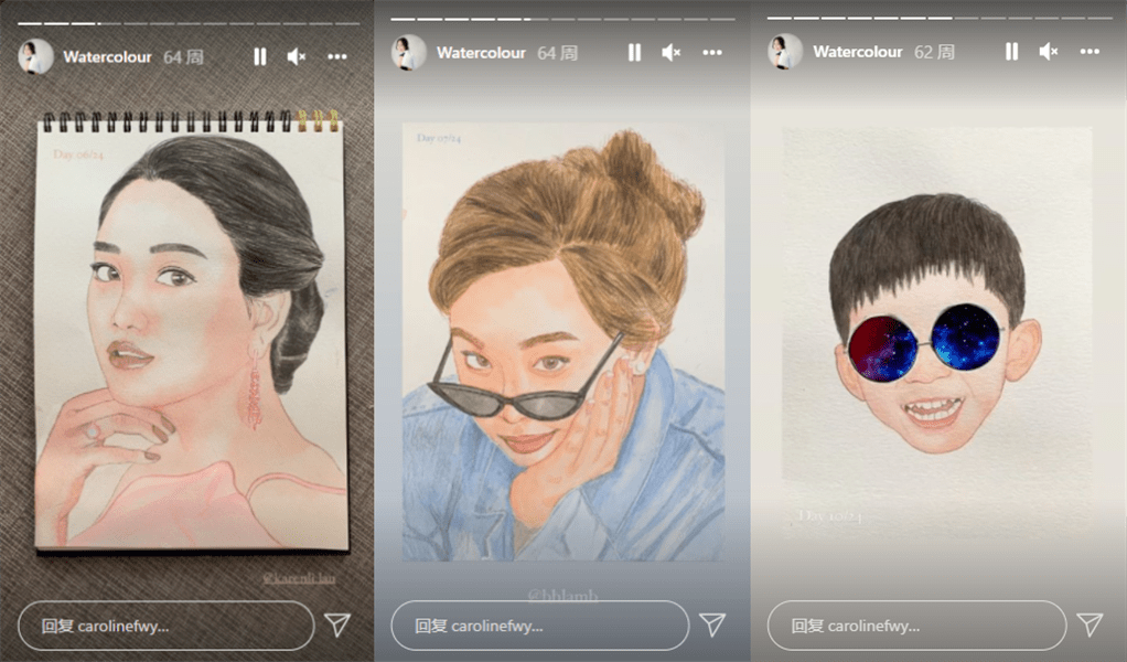 霍咏盈对水彩画还颇有兴趣,经常在ig story中po出给友人画的肖像画