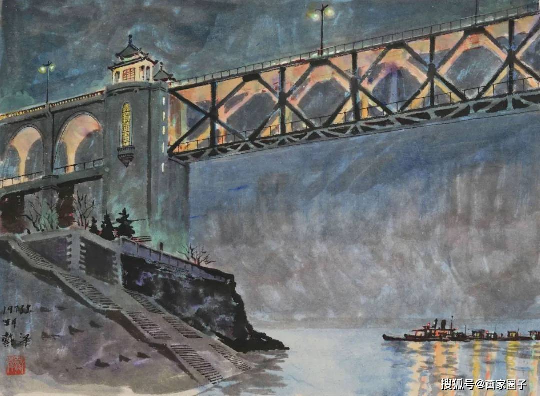 武汉长江大桥夜景 纸本国画 38cm×51.5cm