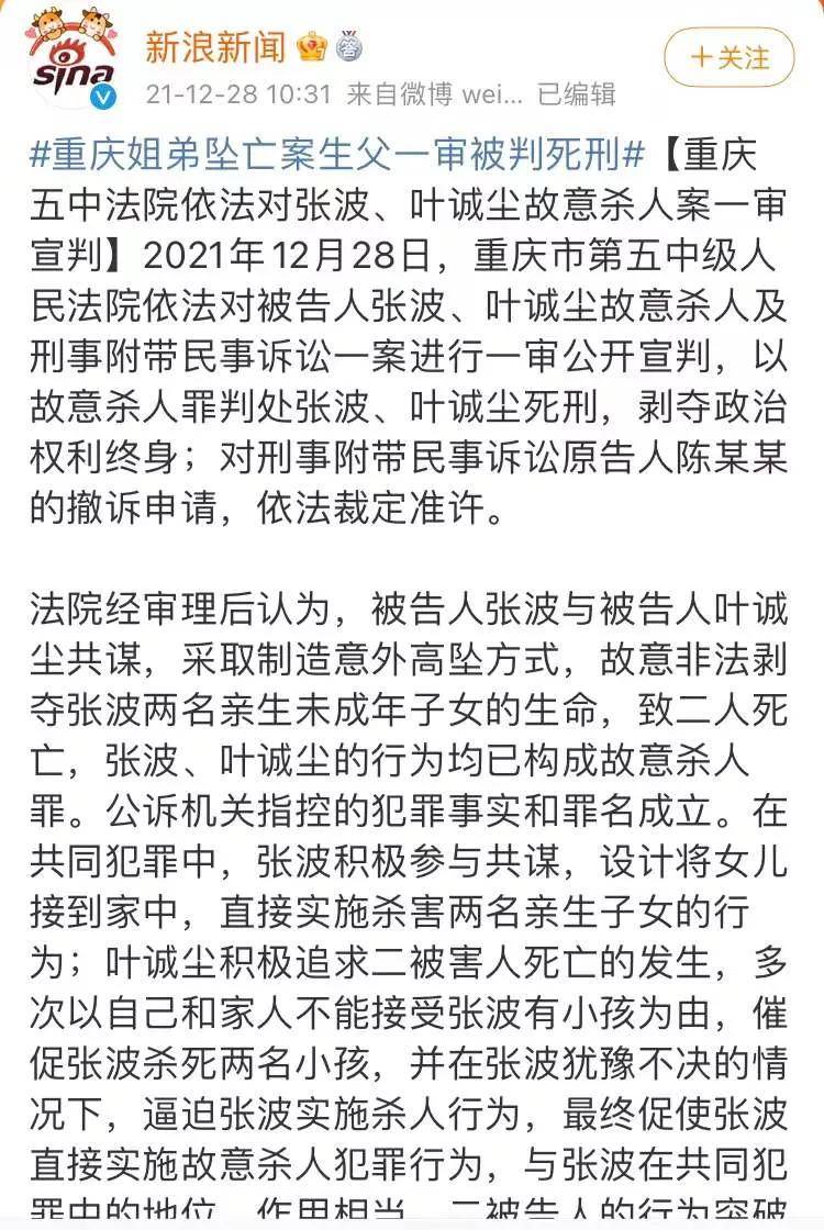 重庆姐弟坠亡案生父一审宣判,被告人张波,叶诚尘以故意杀人罪判处张波