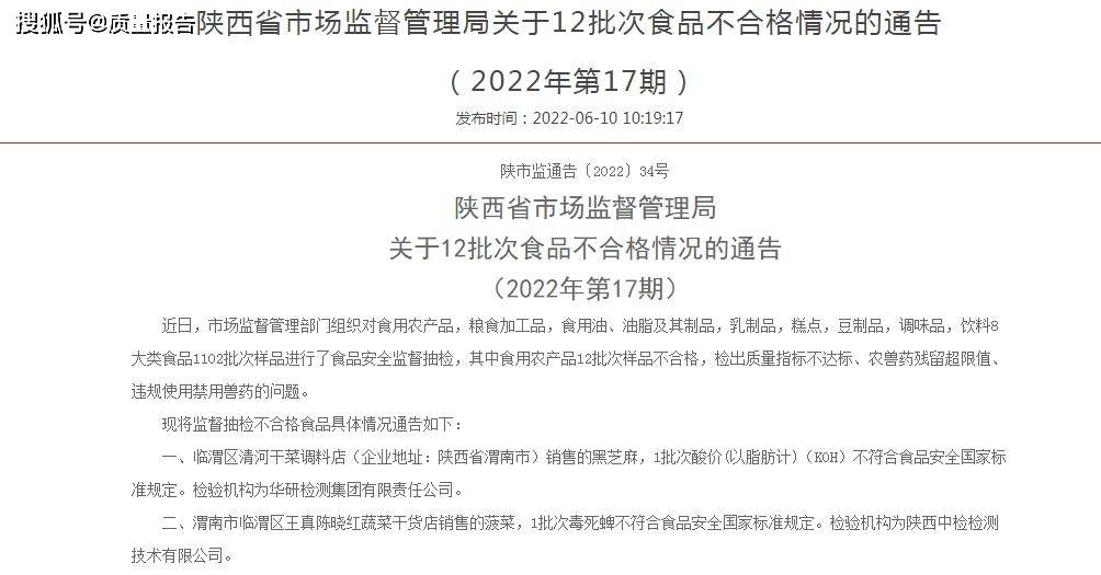 陕西省市场监管局通告12批次食品不合格情况2022年第17期