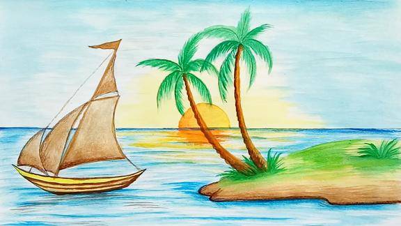 零基础一学就会 的彩铅绘画 夕阳下的海边小岛很基础不简单!