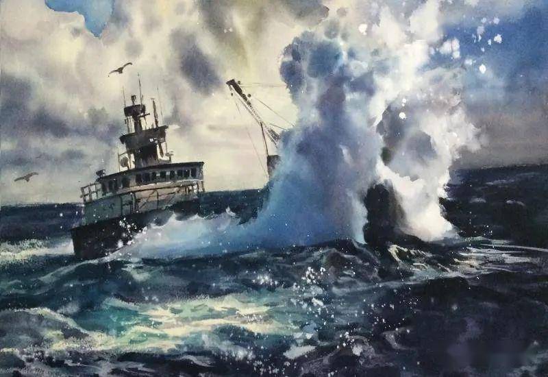 于松石水彩《岸边的小船》获得特殊优异奖盘小倩丙烯《the sea 》获得