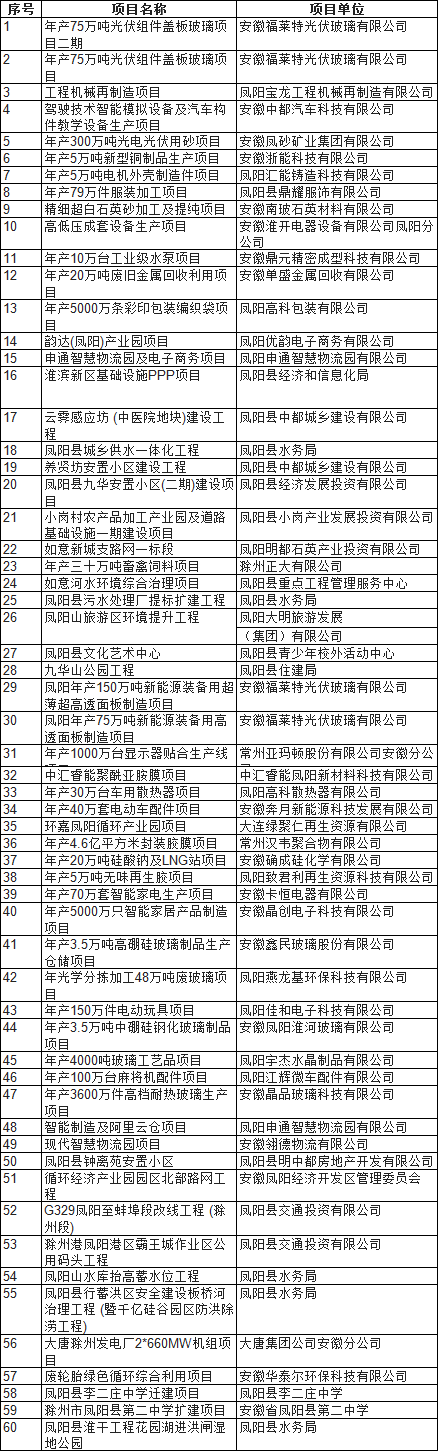 凤阳县2021年重点项目投资计划名单