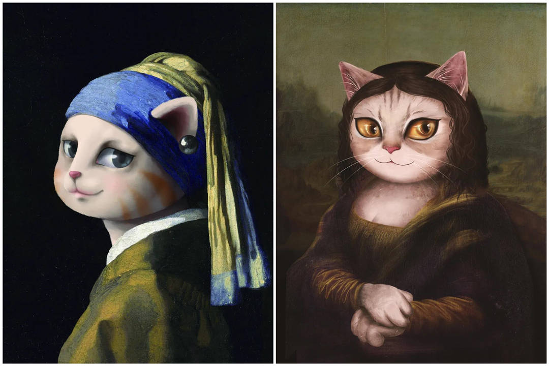 画中主角全都变成可爱猫咪,蒙娜丽喵,戴珍珠耳环的少女喵,维纳斯喵