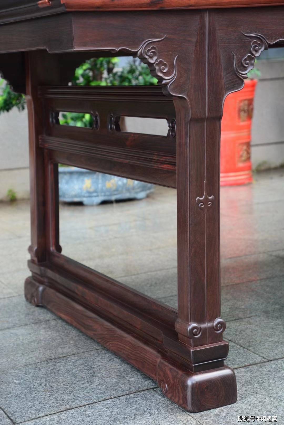 书房珍藏级,大红酸枝可拆装,插肩榫云牙大画案