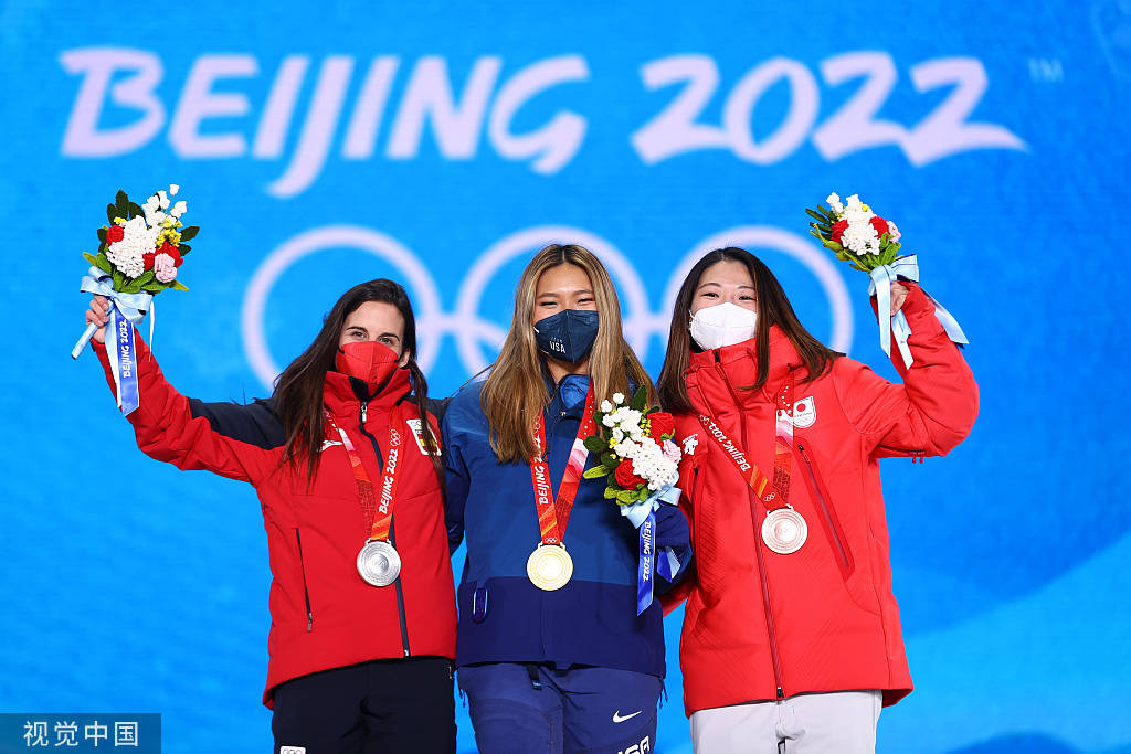 组图单板滑雪女子u型池颁奖美国克洛伊金获金牌