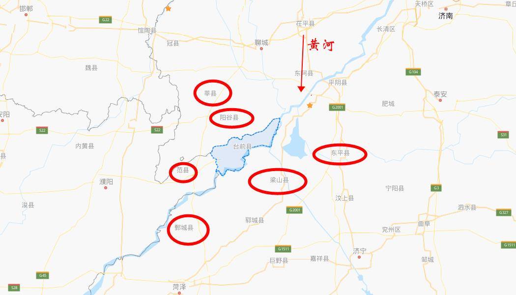 一圈被山东的莘县,阳谷,东平,梁山,郓城,鄄城六个县包围着,唯