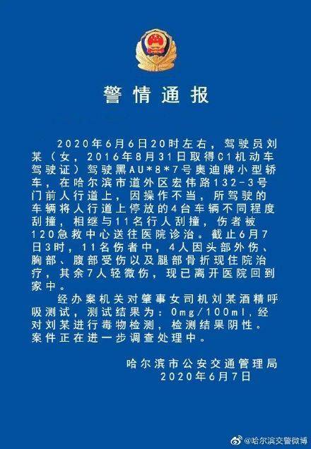 「住院」哈尔滨一女司机与11名行人刮撞 4人住院7人轻伤，