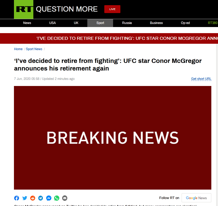 时和|快讯！美国UFC明星康纳·麦格雷戈再次宣布退役：我决定退出战斗